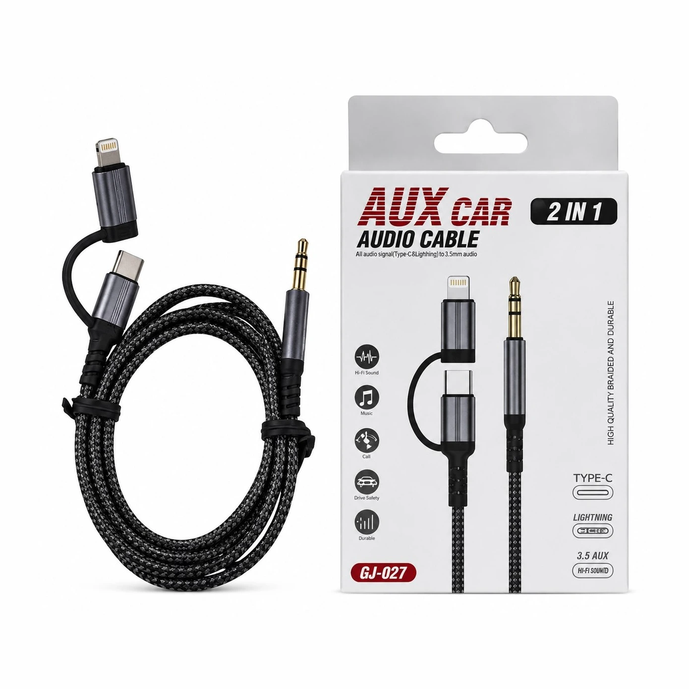 خرید کابل AUX دوکاره Type-C Lightning به AUX مدل GJ-027